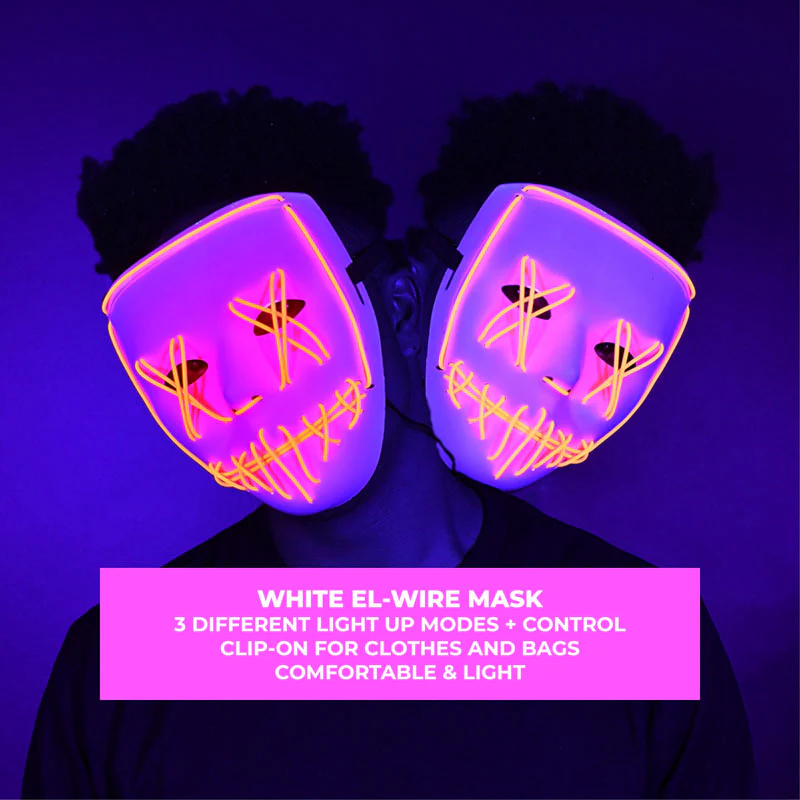 EL-Wire Purge (Hype) Party Mask - White Finish Light-Up Mask - 5 Light Up Color Options
